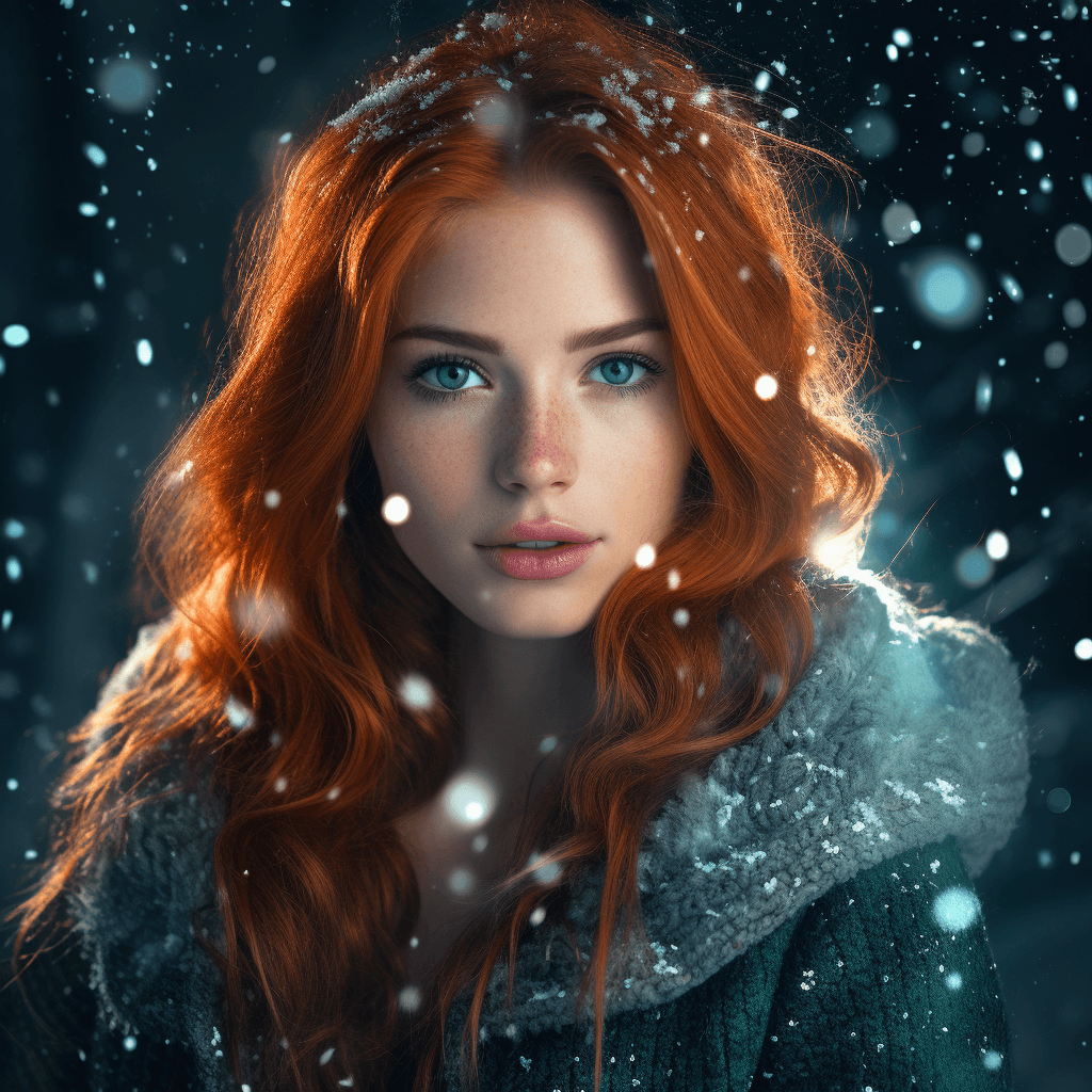 AI generated: photo realistic imaje of young beautiful woman with bright red hair and green-blue eyes, standing in...