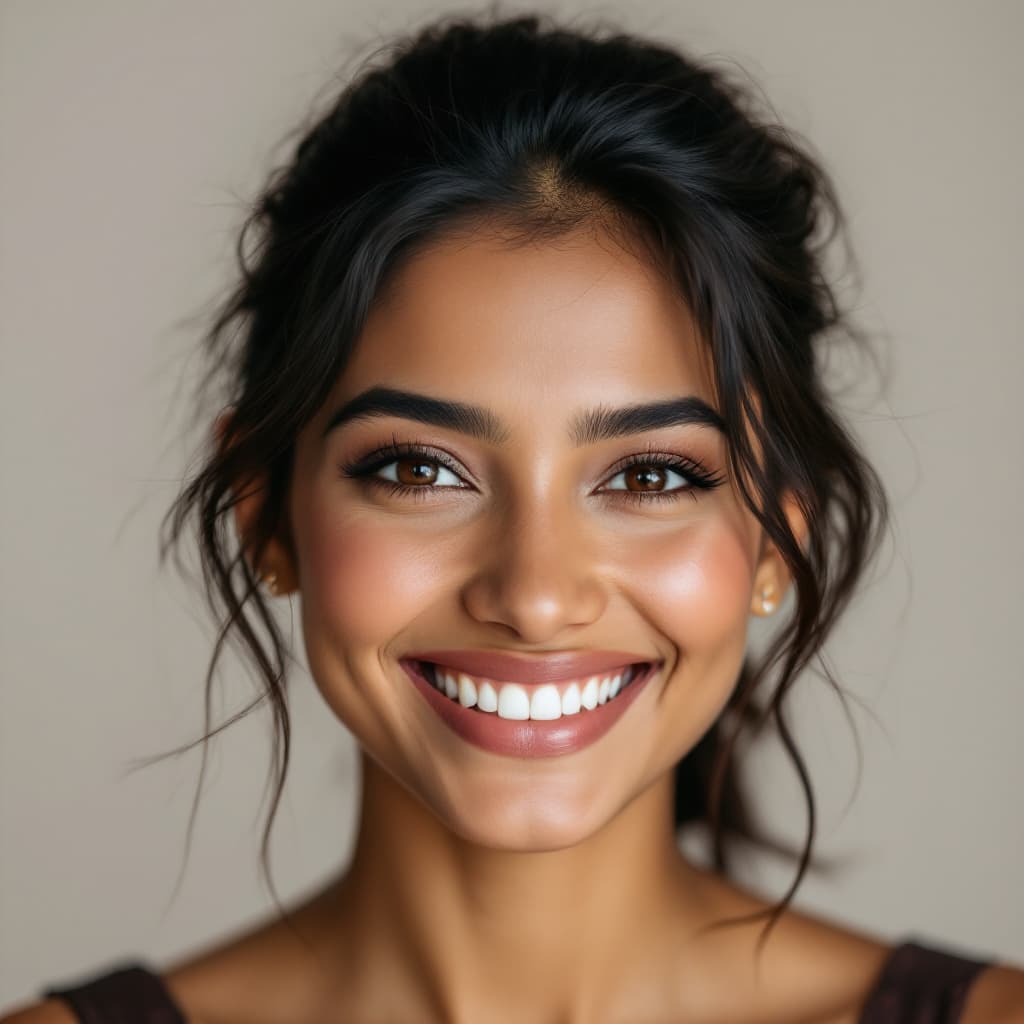 AI generated: extrem Close-up, headshot of a smiling woman with medium-dark skin. She appears to be of South Asian...