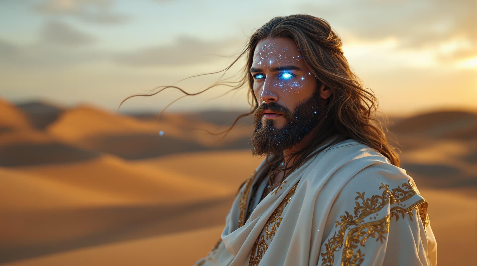 AI generated: A hyper-realistic picture of Jesus Christ standing in the desert. His long, flowing brown hair gentl...