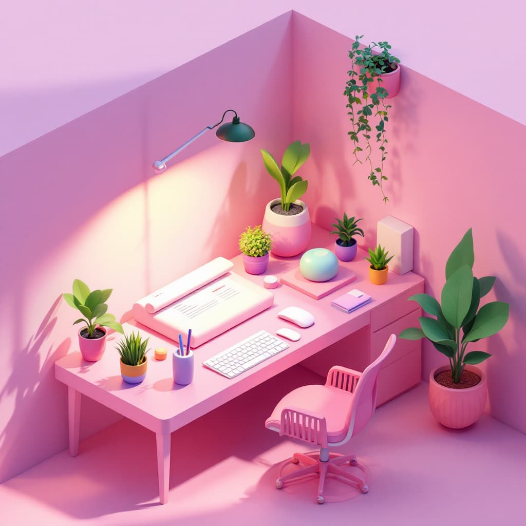 AI generated: 3D minimalistic pastel workspace illustration, soft lighting, volumetric shadows, floating UI elemen...