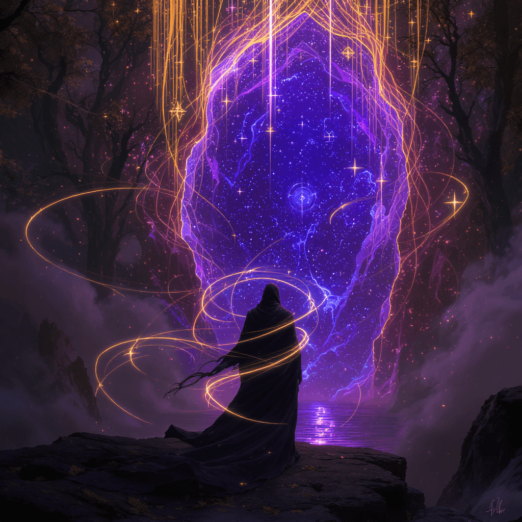 AI generated: A lone figure cloaked in shadow, standing at the edge of a vast, glowing rift — strands of golden an...