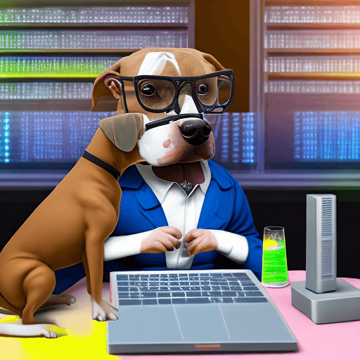 AI generated: 
pitbull dog with glasses sitting programming in front of a computer, in a laboratory for programmer...