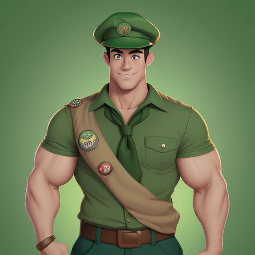 AI generated: boy scout, muscular, handsome, with hat, disney, cartoony style, green gradient background, 