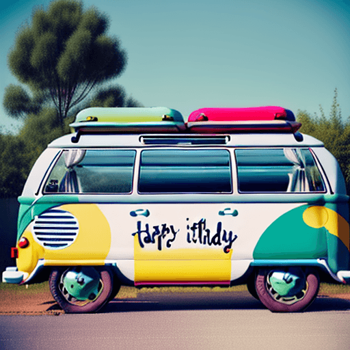 AI generated: old volkswagen bulli painted like the 1970's with the lettering "Happy Birthday" on its side