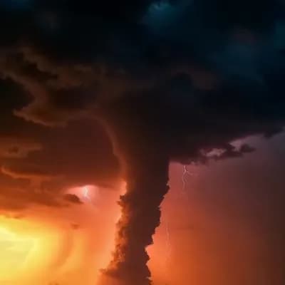 AI generated video: A tornado travels through the open plains with lightning strikes all around. The tornado violently t...