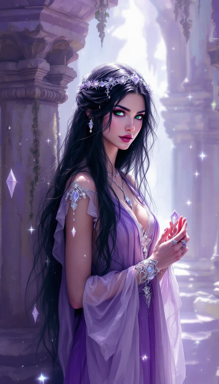 AI generated: "Violet Seer in an Ethereal Temple": A mesmerizing abstract painting presents a seer, with a blend o...