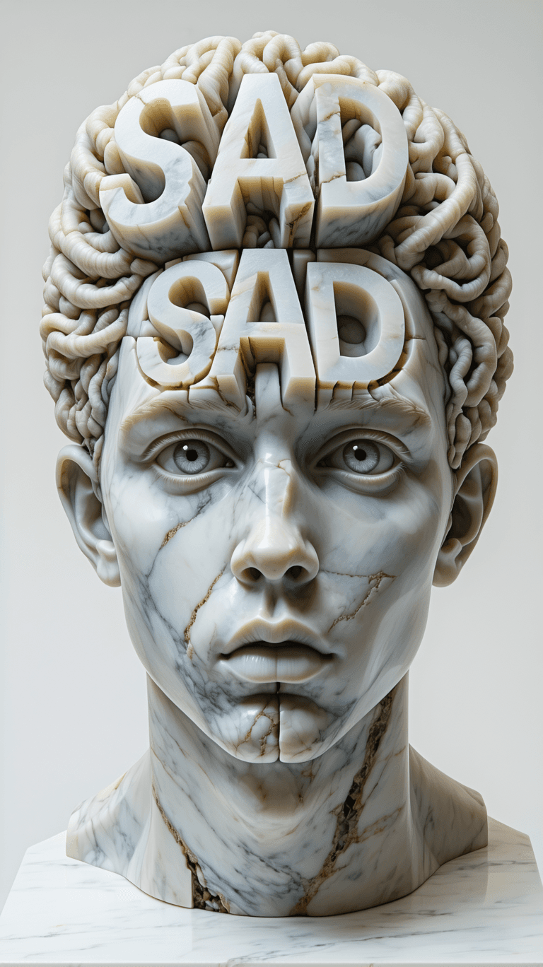 AI generated: Microscobic view of a marble hair on a statues head in shape of typography “SAD”,