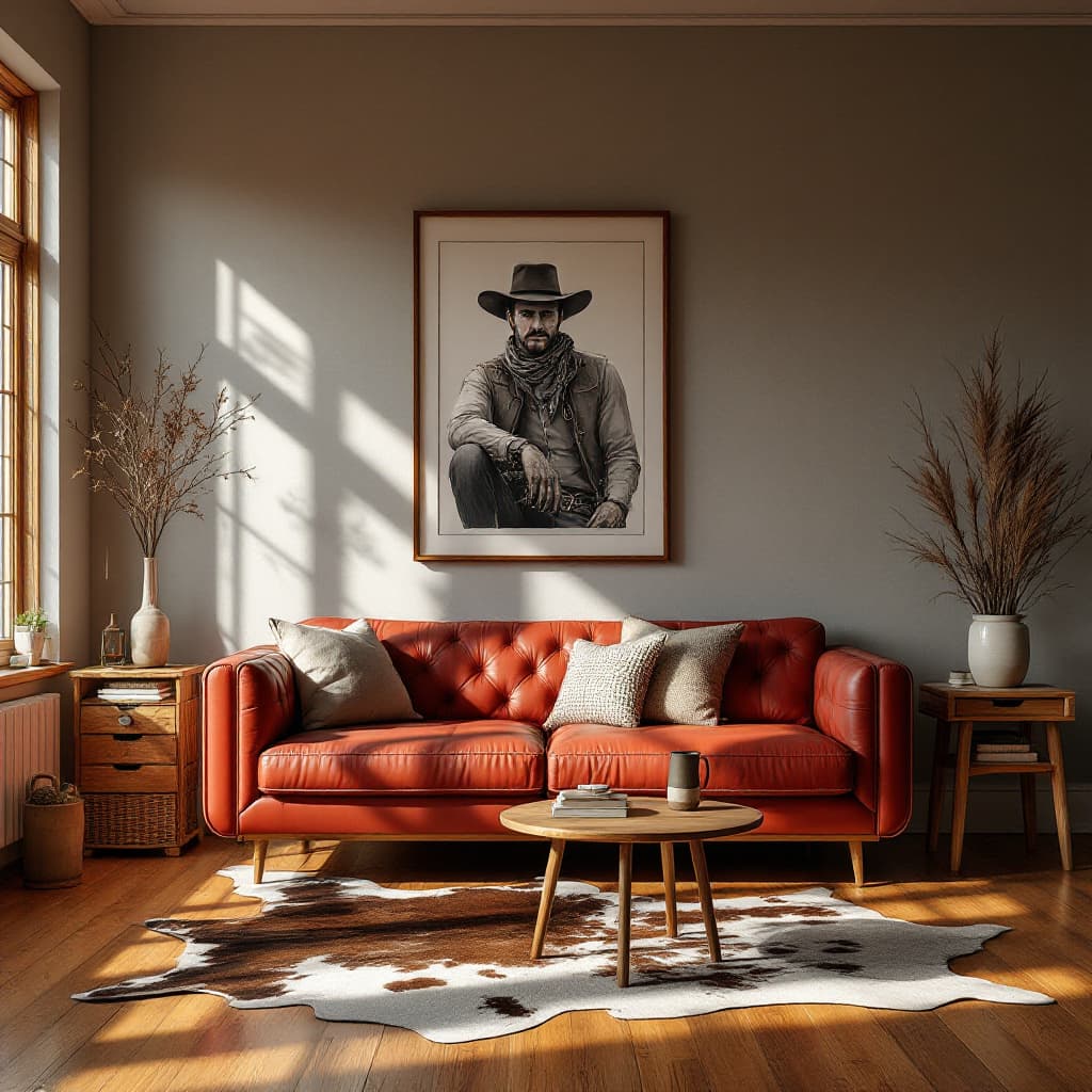 AI generated: photograph, comfy living room, morning, wood floor, cowhide rug, John Wayne illustration art frame, ...
