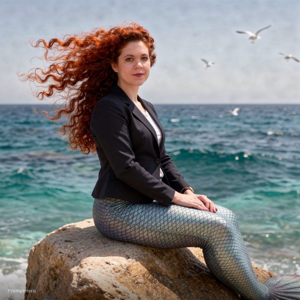 AI generated: siren, shimmering tail, curly red hair, sunning on a rock, azure sea, seagulls soaring, close up