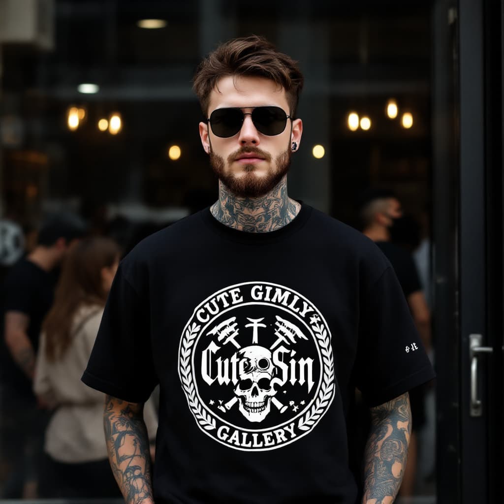 AI generated: A young gothic man with short brown hair, beard, wearing sunglasses and a black t-shirt, some tattoo...
