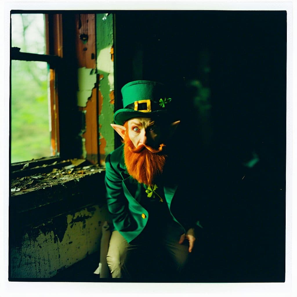 AI generated: grainy 80's photograph quality polaroid of a leprechaun caught in an abandoned house, dark, uncanny,...