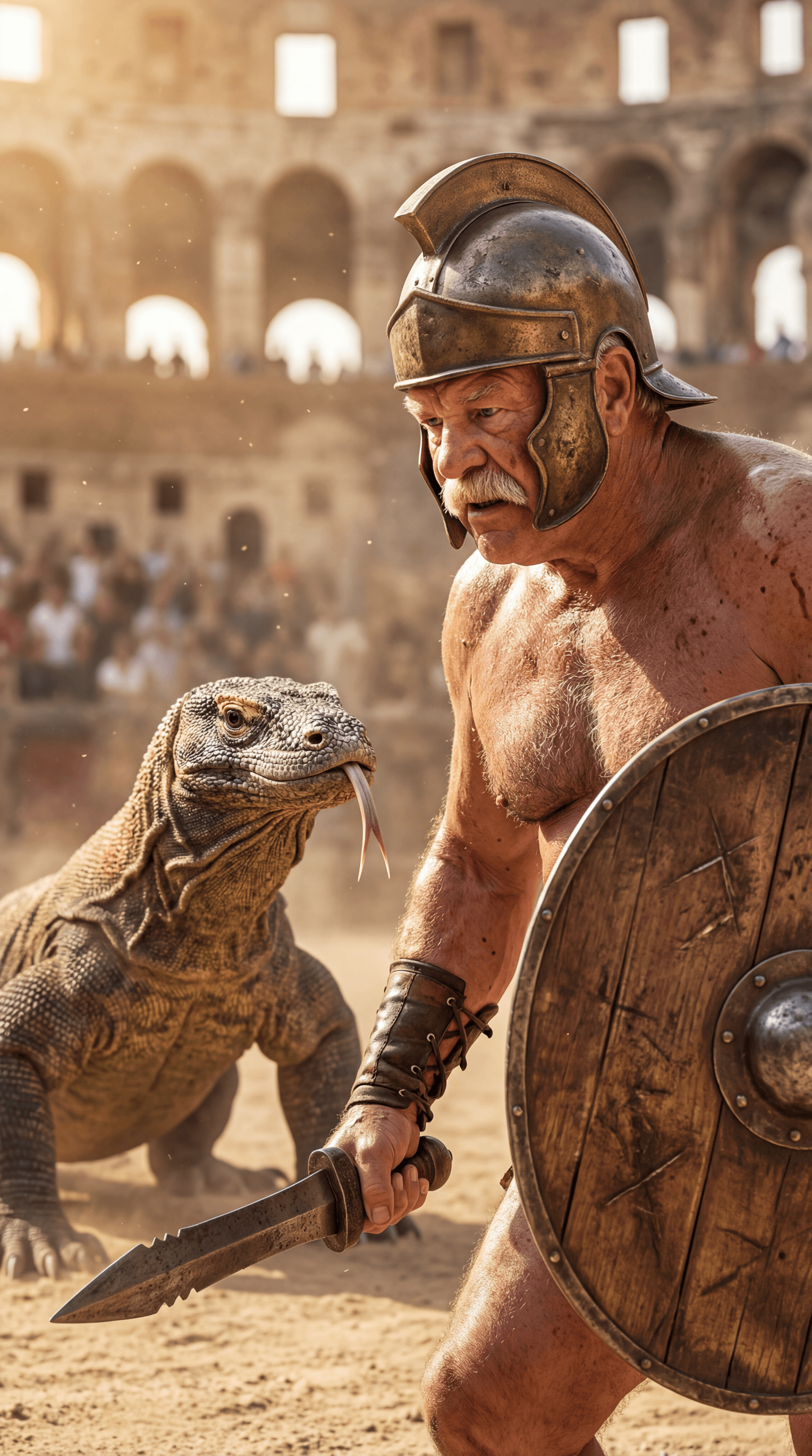 AI generated: Ultra-realistic documentary-style action photography inside the Roman Colosseum, bathed in warm gold...