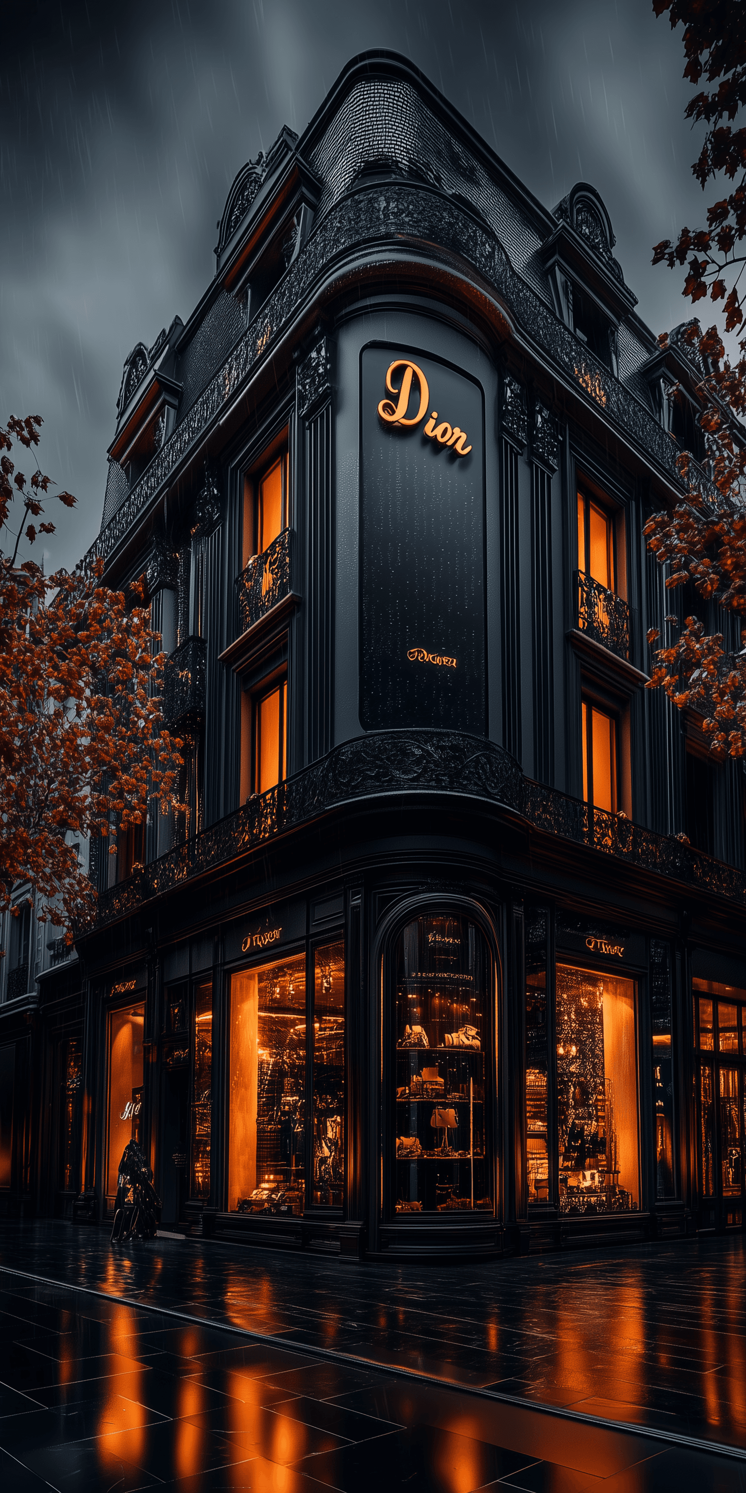 AI generated: Dior shop in Paris, facade made of water droplets, grey sky, dark clouds, cinematic lighting, hyperr...