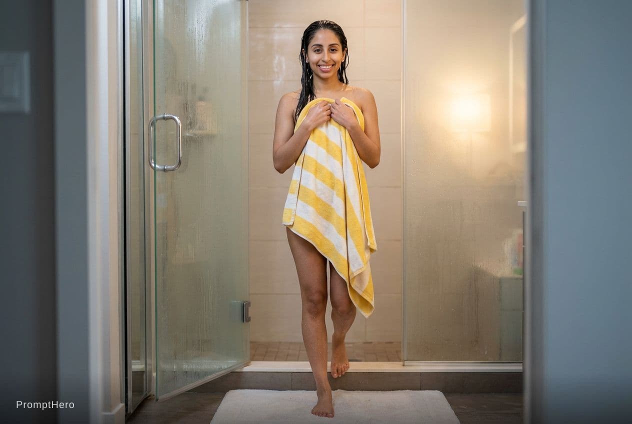 AI generated: A 8K masterpiece, ultra-detailed, full body image wet hair stepping out of the shower. She is standi...
