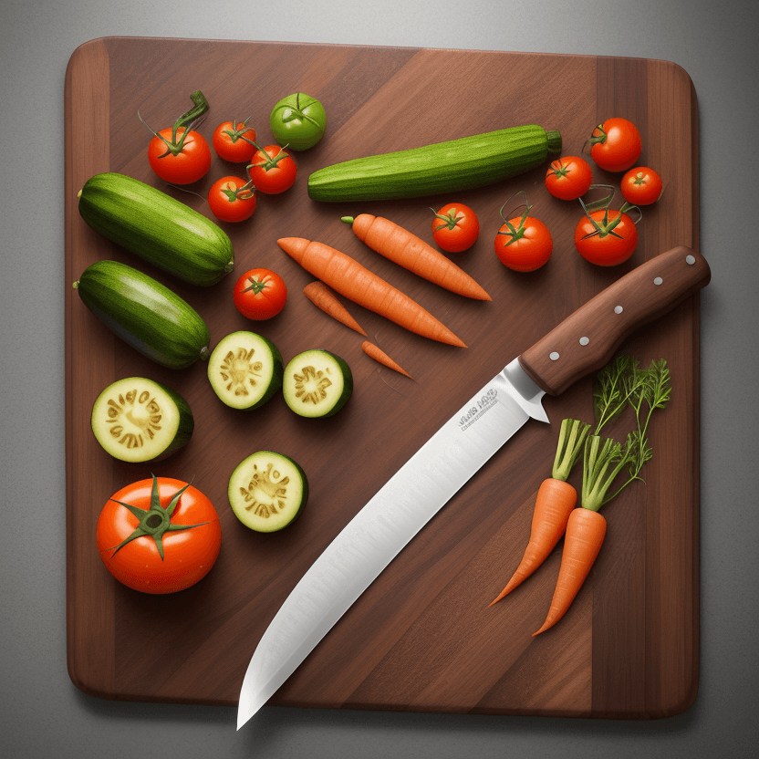 AI generated: food on a fancy wooden cutting board,
one chef's knife,
tomatoes, zucchini, carrots,
8K, food photog...