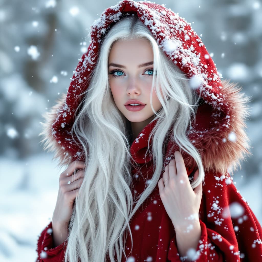 AI generated: a very young beautiful 18 year old European albino princess who enters the snow posing, her platinum...
