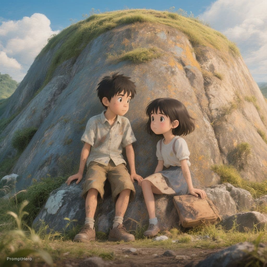 AI generated: a highly detailed matte painting of a young boy and girl at the bottom of a huge hill by studio ghib...