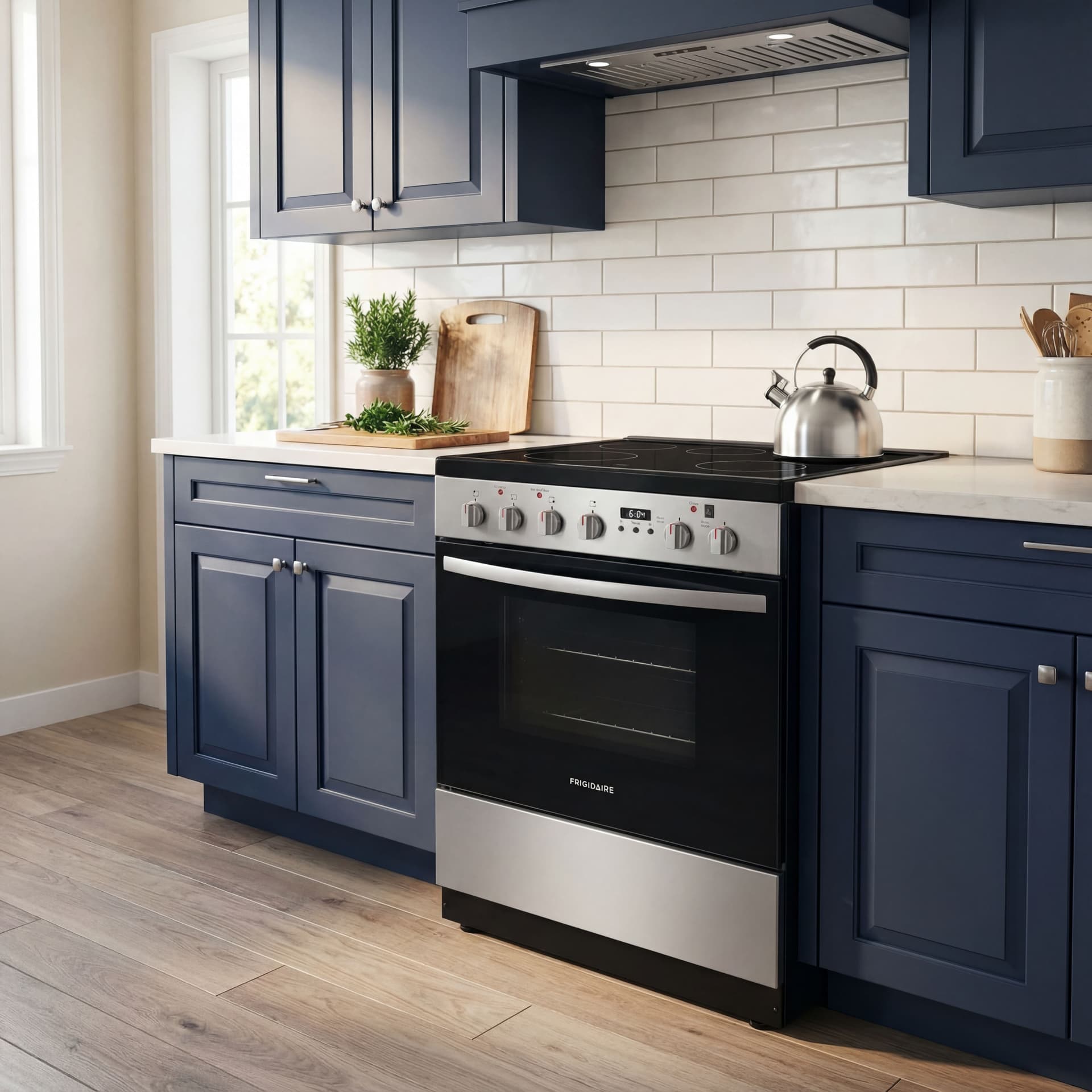 AI generated: "Photorealistic"wide angle make as lifestyle phto  inside beautiful kitchen with dark blue cabinetry...