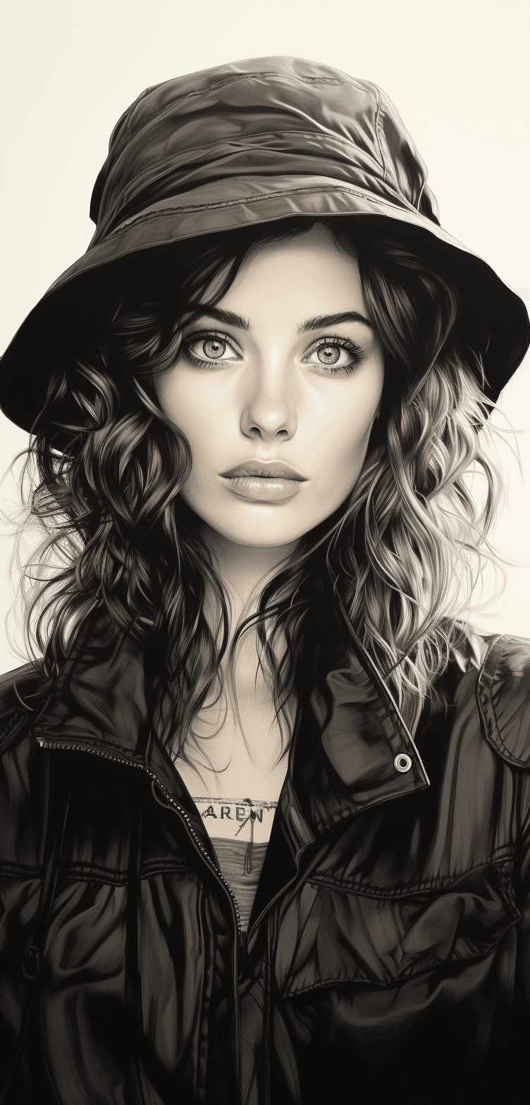 AI generated: Realistic Black and white sketch of a beautiful French woman, white background, --ar 61:128 --s 750 ...