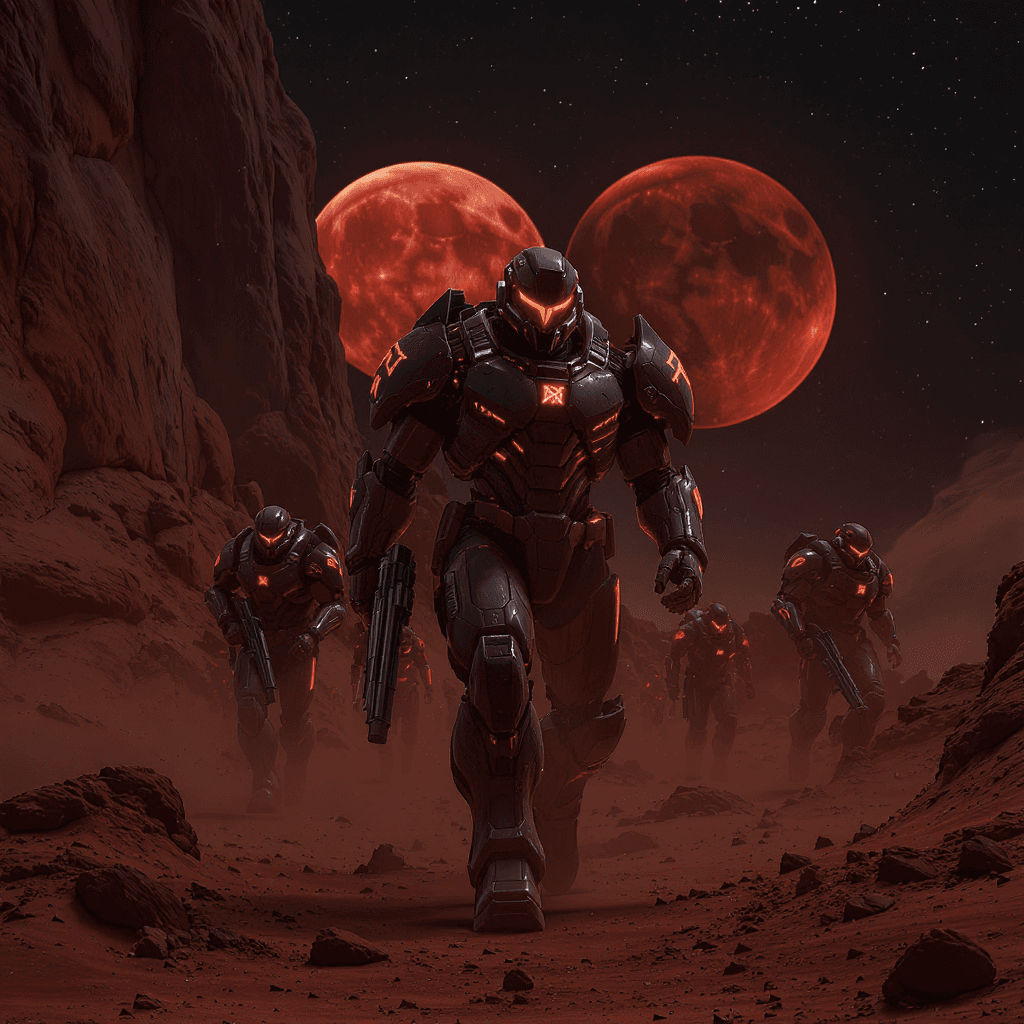 AI generated: Military, futuristic armored troops with glowing visors and heavy exosuits patrolling an alien deser...