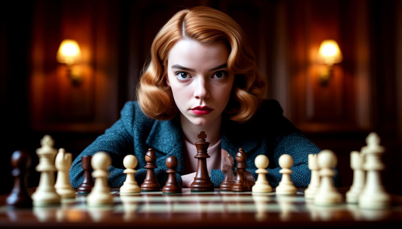 AI generated: 85mm DSLR photograph of Anya Taylor-Joy from Queen's Gambit movie, the iconic look and face expressi...