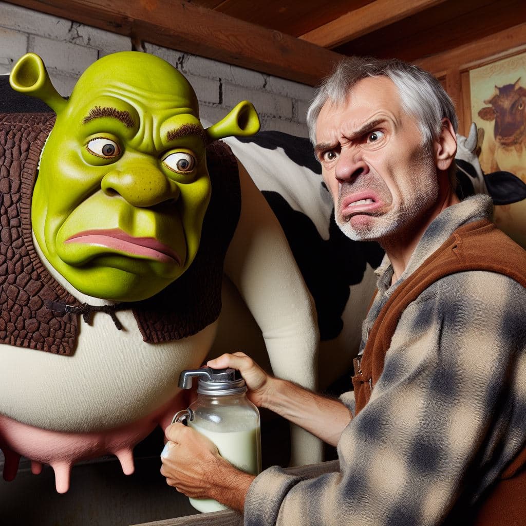 AI generated: Shrek is a shepherd and he is looking disgusted while milking a cow.