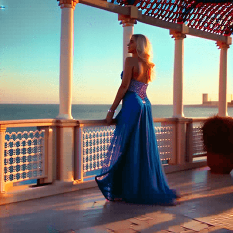 AI generated: a cute  blonde woman is wearing a fishnet party  dress. She is bellydancing on a arabic terrace upon...