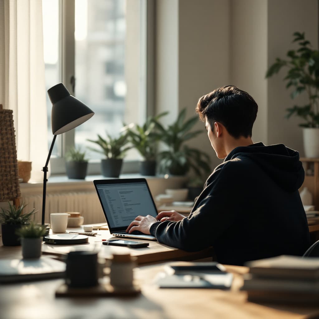 AI generated: modern, minimalist workspace, focused designer korea hansome young man silhouete at a wood desk, sur...