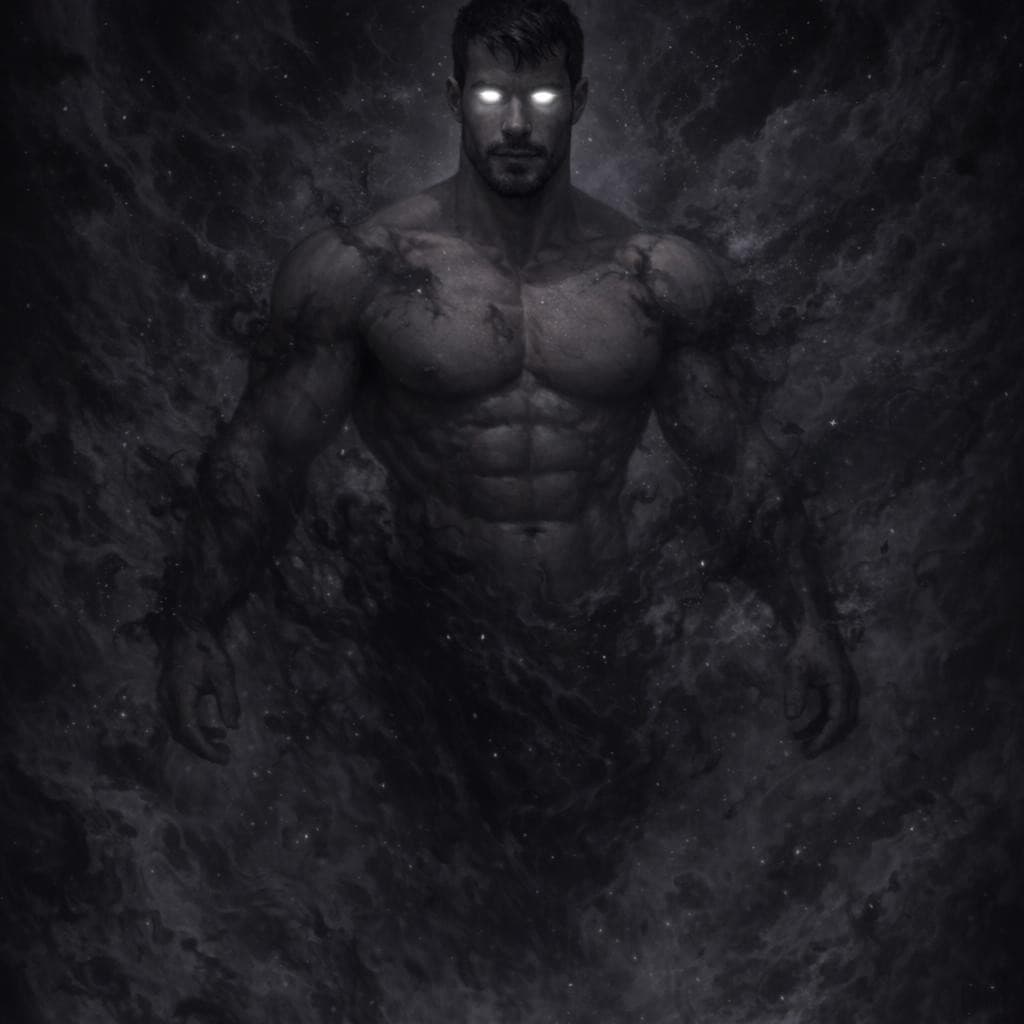 AI generated: turn this man into the god of the void and of nothingness have him floating in the void with no shir...