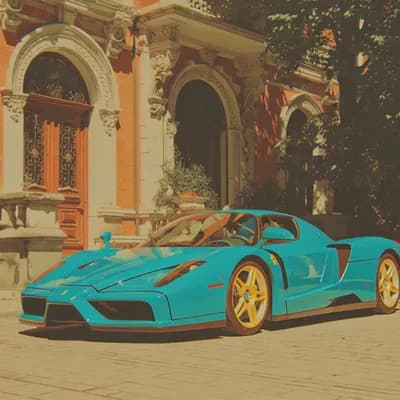 AI generated video: Enzo ferrari, idle, tinted, in the driveway of a Castle, bright day, hdr