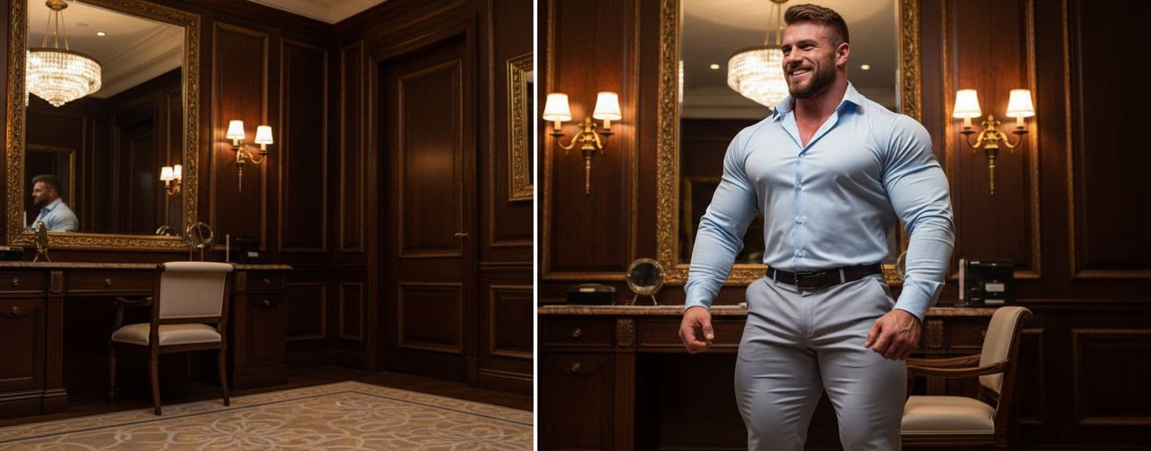 AI generated: The bodybuilder is 6'4" tall, he has huge muscular shoulders and super extra huge muscular legs. He ...