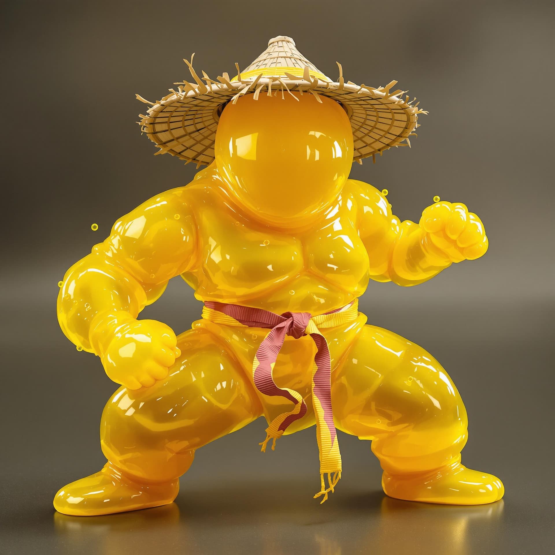 AI generated: high resolution, ultra realistic, gelatinous blob, kung-fu fighter, yellow liquid body, straw hat, m...