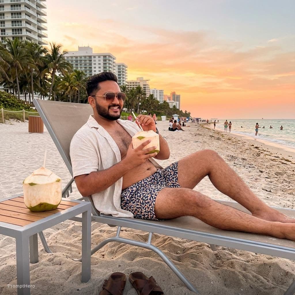 AI generated: What my self in miami beach enjoying sunset with a beach wear and having a coconut water in my side