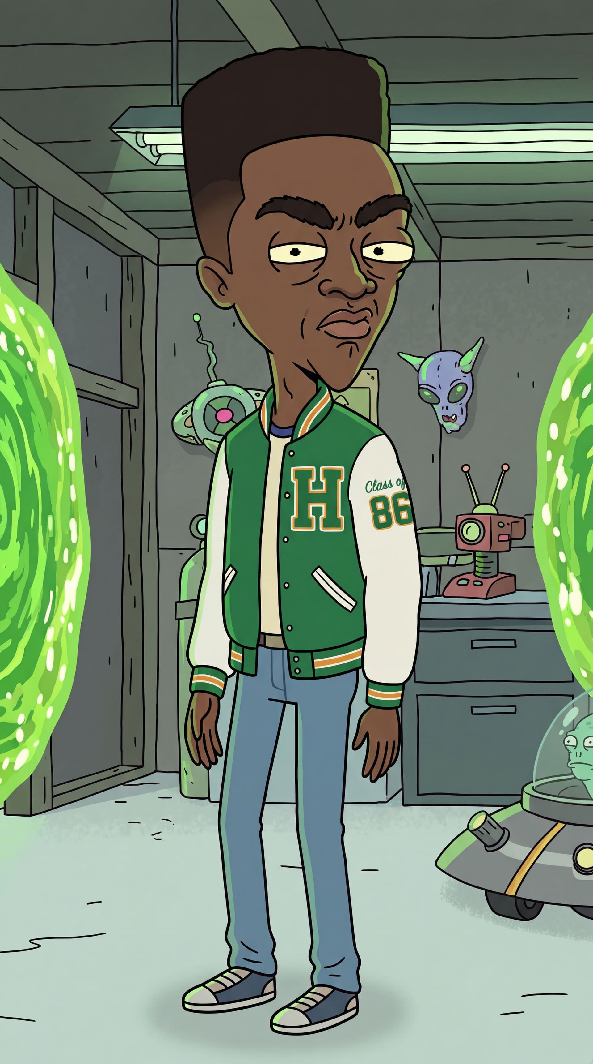 AI generated: Generate full-body Stranger Things Lucas Sinclair Character in the iconic Rick and Morty animation s...