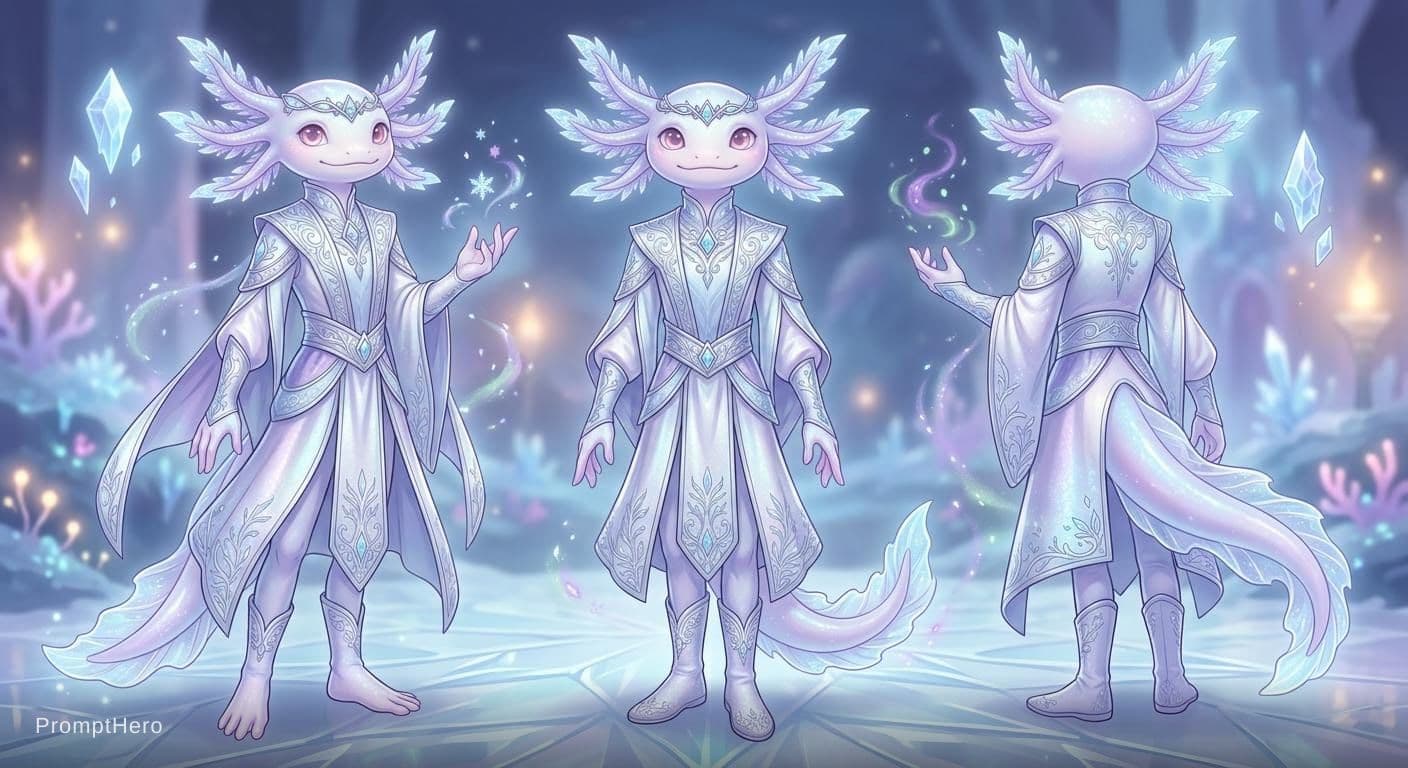 AI generated: A mystical humanoid axolotl prince, inspired by a cute axolotl mixed with a graceful young royal. So...