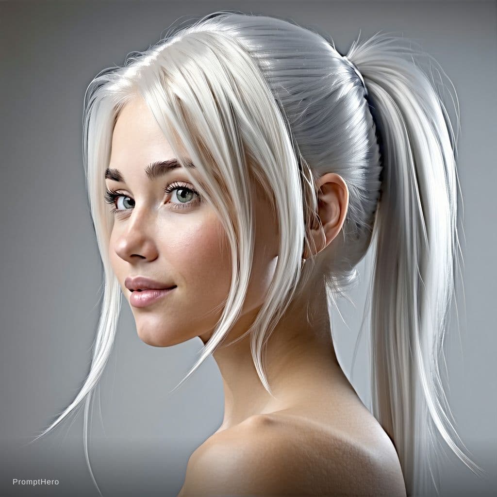 AI generated: little, perky breasts, high-resolution photo of a silver blonde-, ponytail hair photorealistic, UHD,...