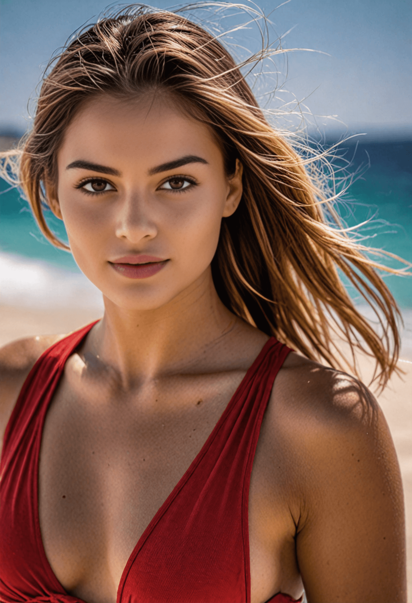 AI generated: A woman with long, straight blonde hair blowing in the wind, wearing a red bikini top, standing on a...