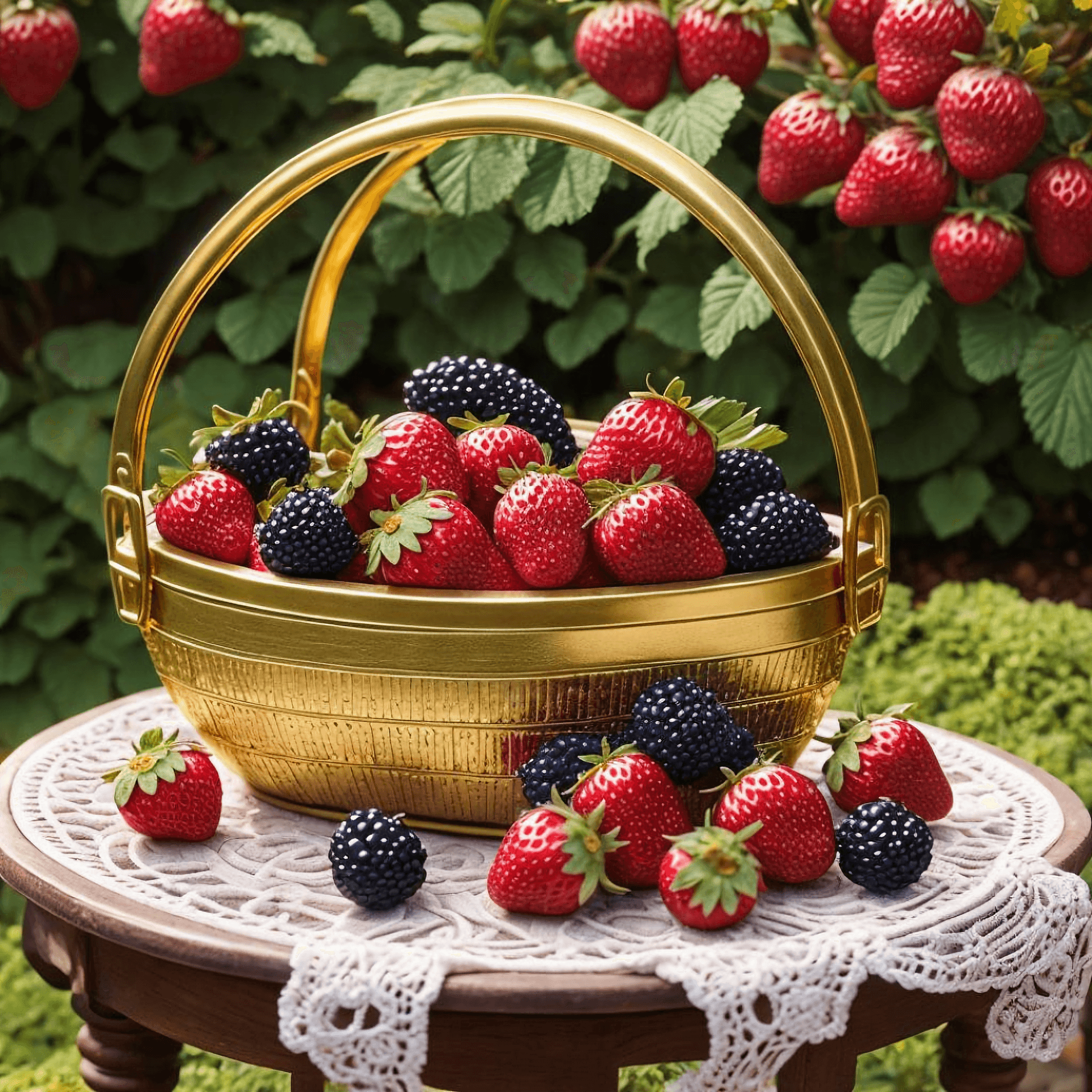 AI generated: Victorian gold basket with red fruits: strawberry, blackberry and cranberry, extremely detailed and ...