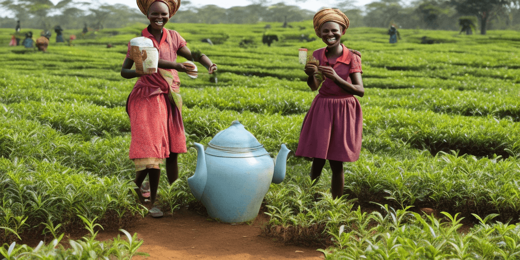 AI generated: Cheerful African girl picking tea on a plantation