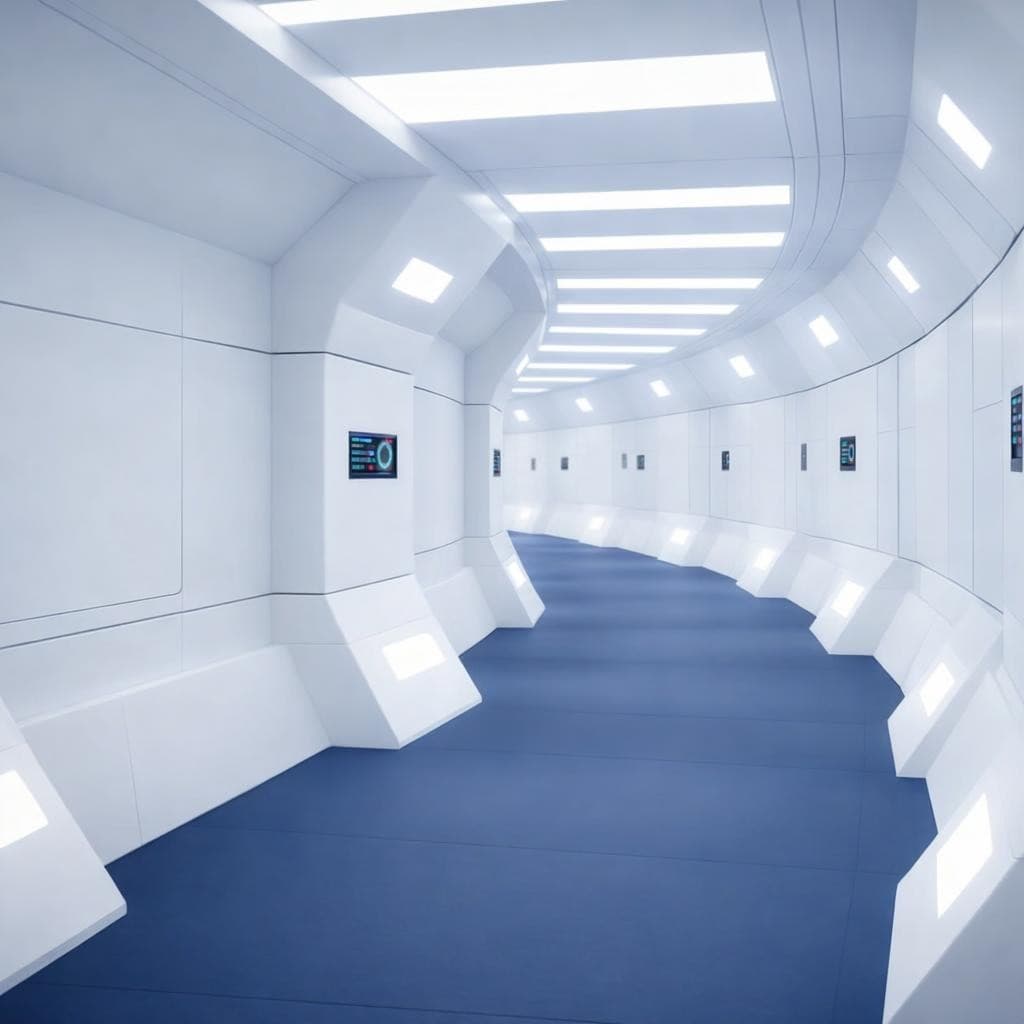 AI generated: Show the corridor passageway curving to the left.