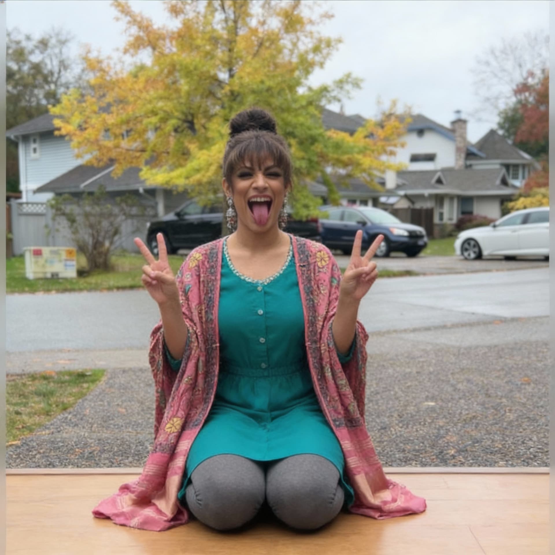 AI generated: Sitting on her knees on the floor, Stick my tongue out with my mouth wide open  with my eyes crossed...