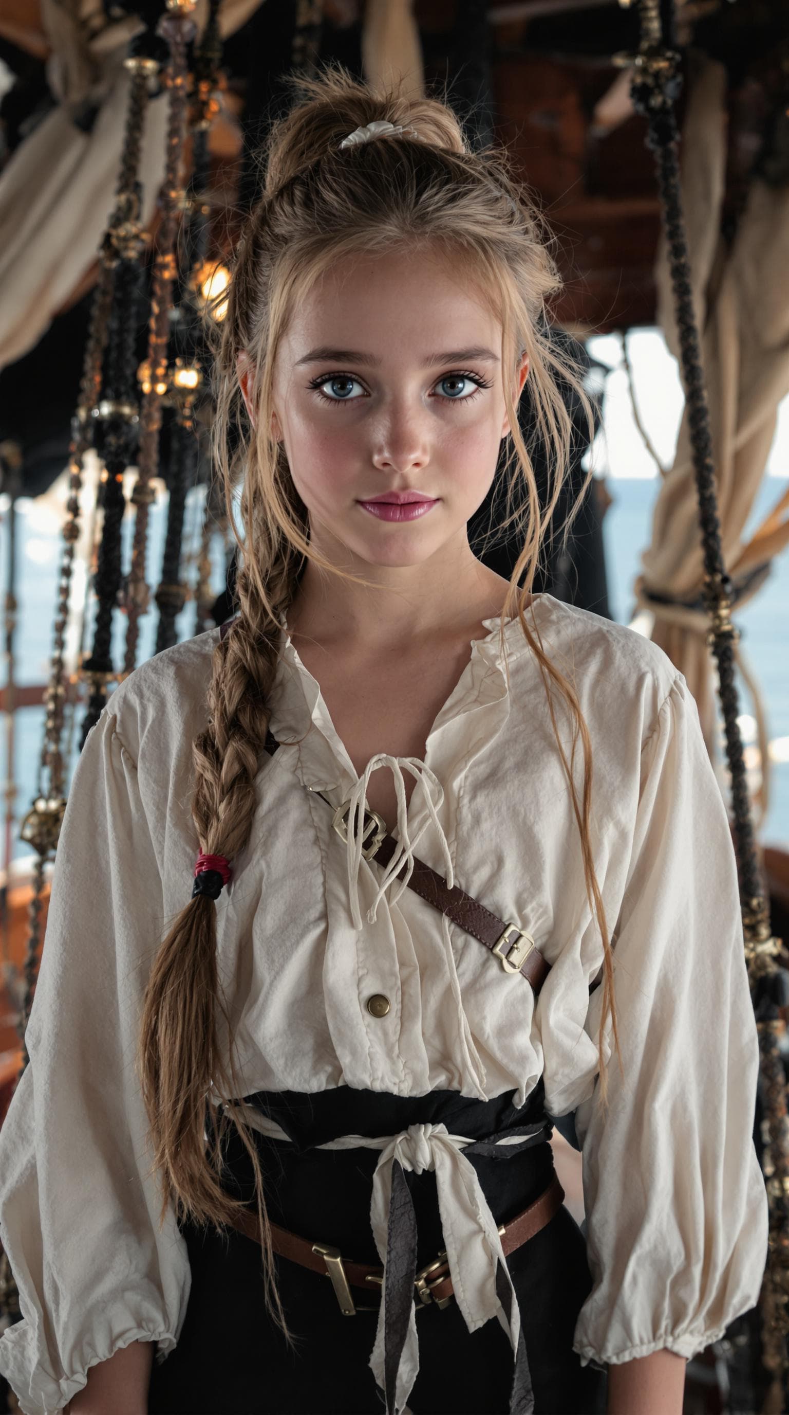 AI generated: a professional photo of a exceptionally beautiful girl aboard pirate ship at sea (age 10), (ten year...