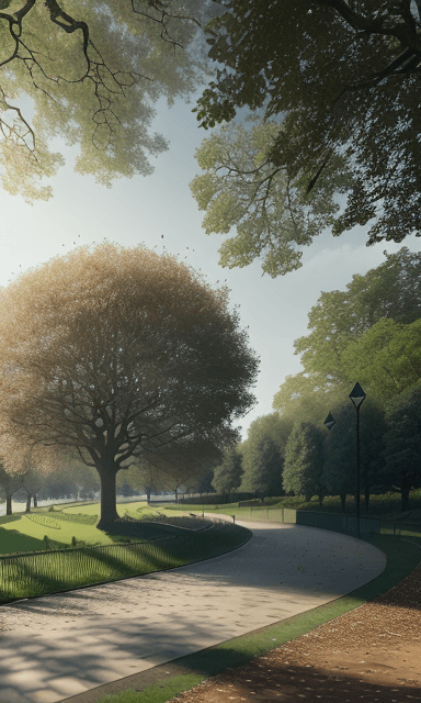 AI generated: park with a cycle path on the outside which has polluted air and few trees and the ones it has are o...