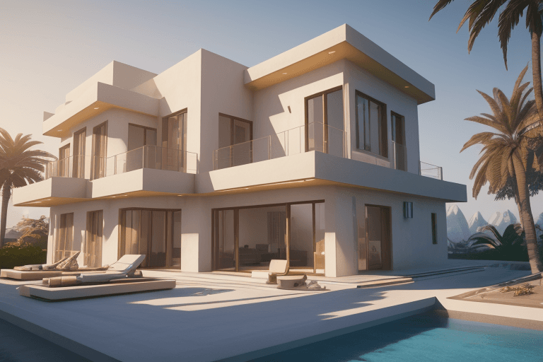 AI generated: small modern villa, cubic architecture, Bahai’s style mix to Islamic architecture, detailed, ultra-r...