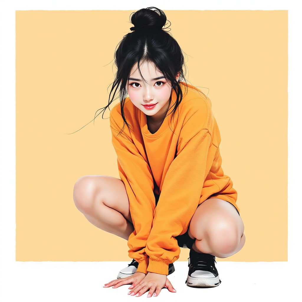 AI generated: High resolution asian girl with hair tied in a bun squatting with hands on thighs