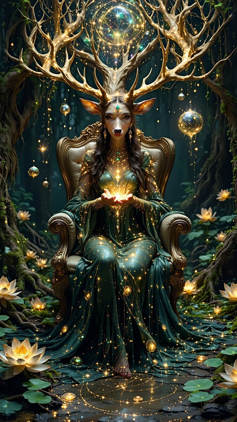 AI generated: A radiant queen reclines upon an **ornate throne woven from golden vines and cosmic flowers**, her p...