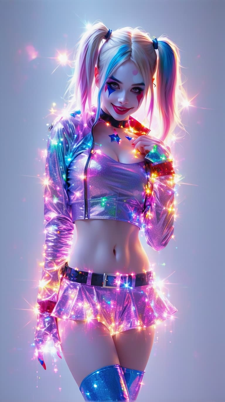AI generated: A stunning masterpiece showcasing a Harley Quinn portrayal, radiating charm and mischief. She is wea...