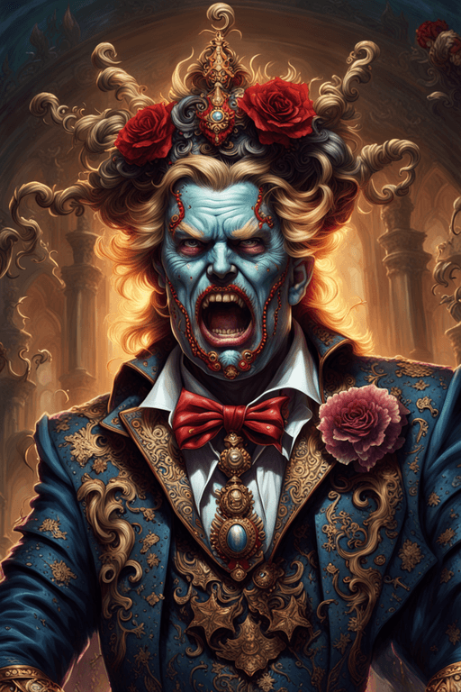 AI generated: UHD photorealistic concept art of an enraged Donald Trump, metamorphosing into a zombie, garbed in a...