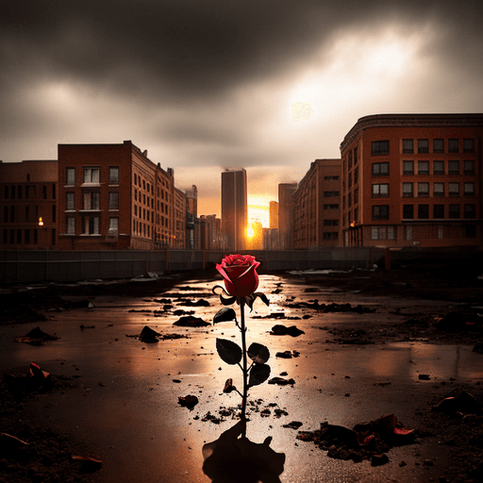 AI generated: one rose grows from the ground on vacant lot, surrounded by profiled sheet fence, high-rise building...