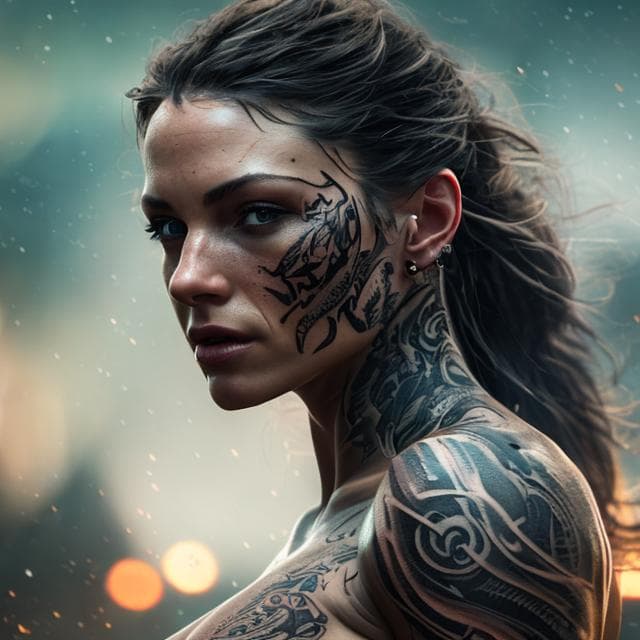 AI generated: a woman with tattoos, (detailed stunning environment), cinematic, cover art, (low front angle), full...